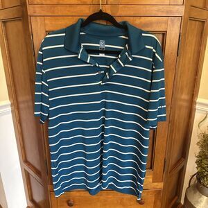PGA Tour Mens Shirt Size Large Teal Striped Golf Short Sleeve Collared Polo